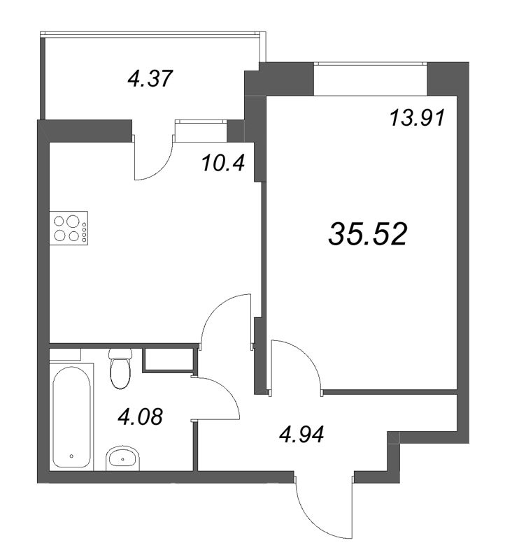 1-комнатная квартира, 35.52 м² - планировка, фото №1