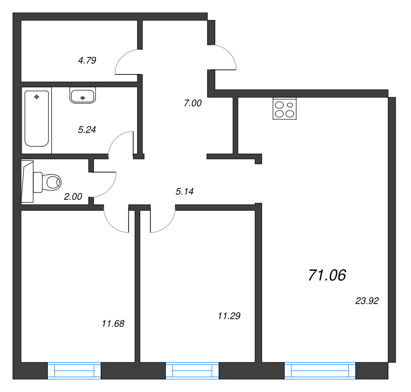 3-комнатная (Евро) квартира, 71.06 м² - планировка, фото №1