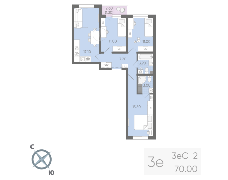 4-комнатная (Евро) квартира, 70 м² в ЖК "Ручьи" - планировка, фото №1