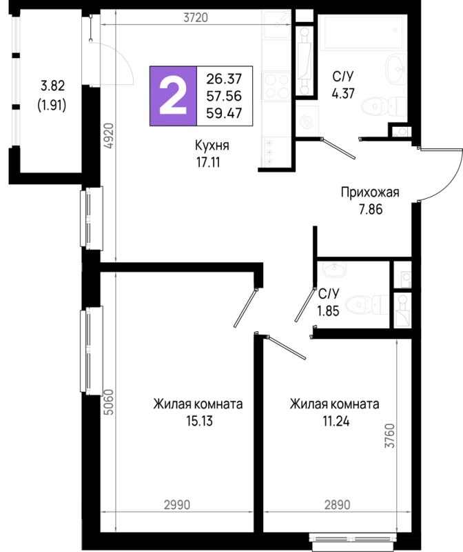 3-комнатная (Евро) квартира, 59.47 м² в ЖК "Имена" - планировка, фото №1