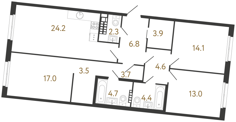 4-комнатная (Евро) квартира, 102.2 м² в ЖК "Визионер" - планировка, фото №1