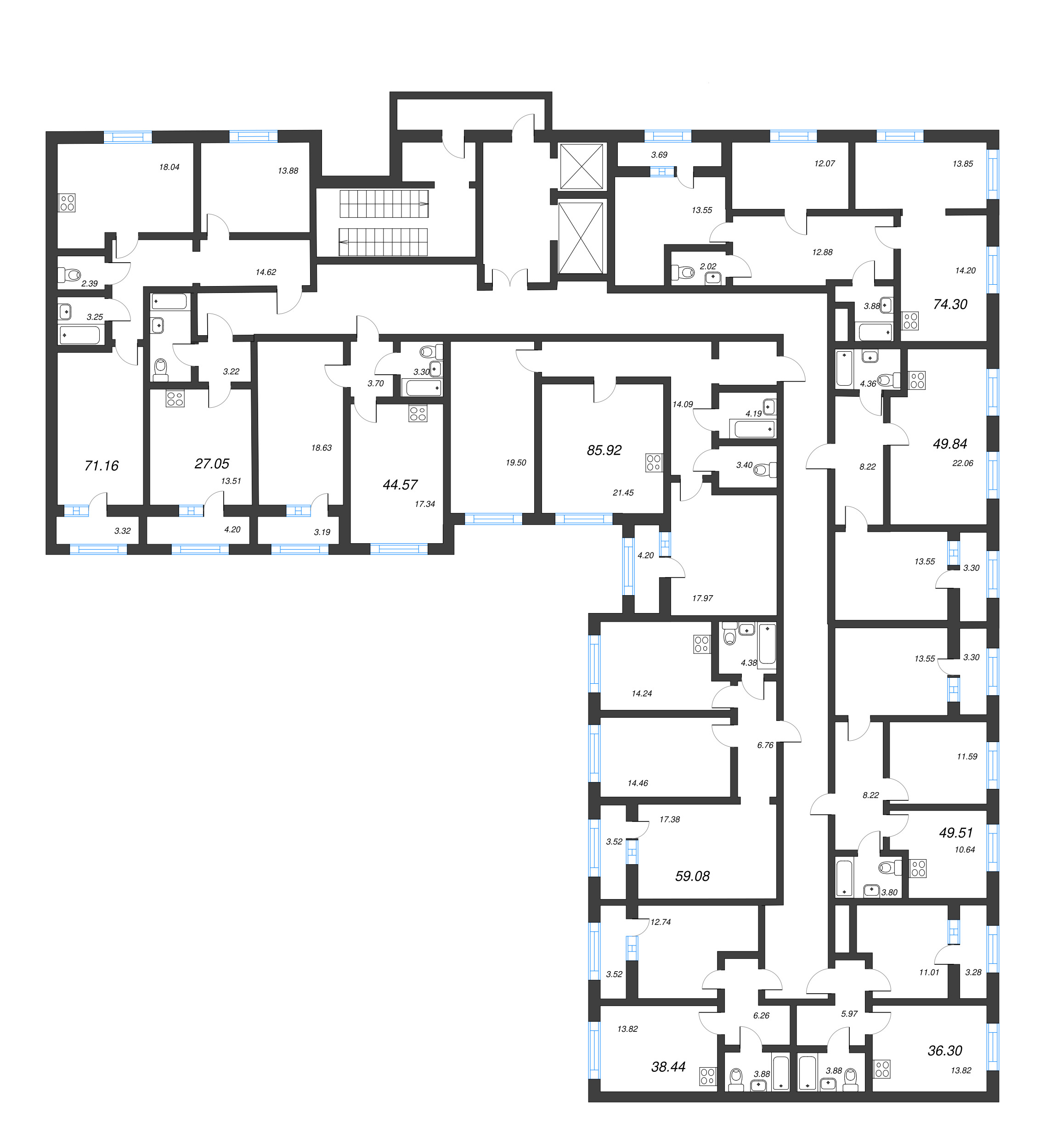 3-комнатная (Евро) квартира, 71.16 м² - планировка этажа