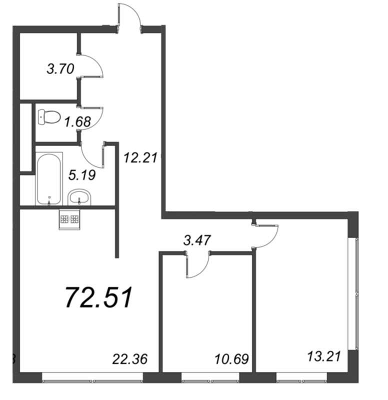 3-комнатная (Евро) квартира, 75.5 м² - планировка, фото №1