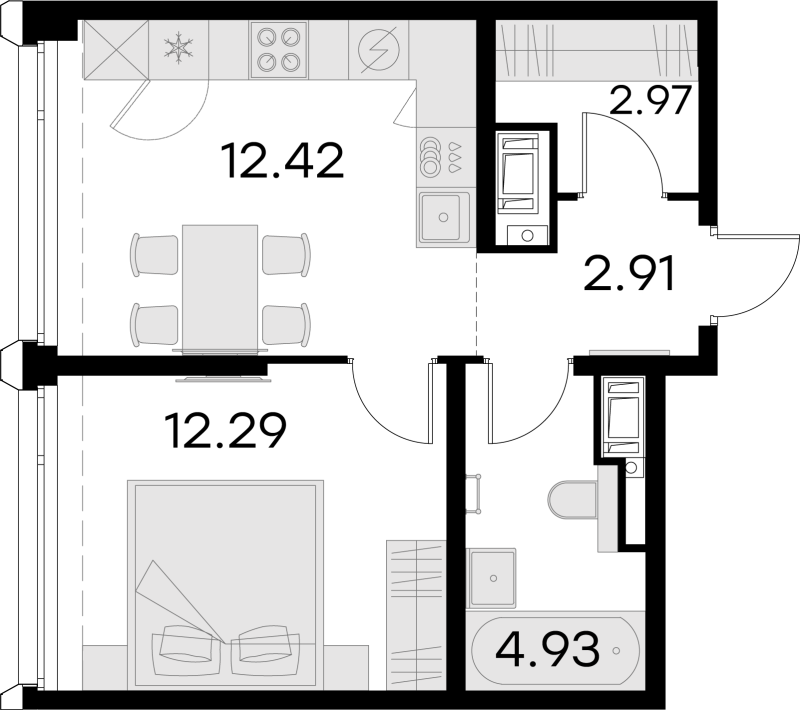 1-комнатная квартира, 35.52 м² - планировка, фото №1