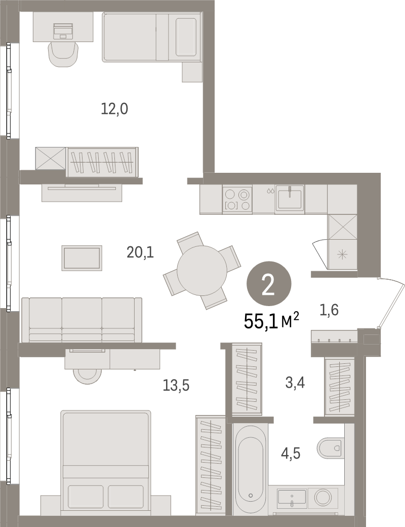 3-комнатная (Евро) квартира, 55.1 м² в ЖК "Брусника в Новоселье" - планировка, фото №1
