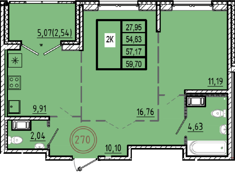 2-комнатная квартира, 54.63 м² в ЖК "Образцовый квартал 9.1" - планировка, фото №1