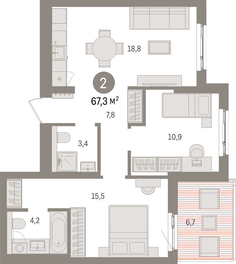 3-комнатная (Евро) квартира, 67.3 м² в ЖК "Брусника в Новоселье" - планировка, фото №1