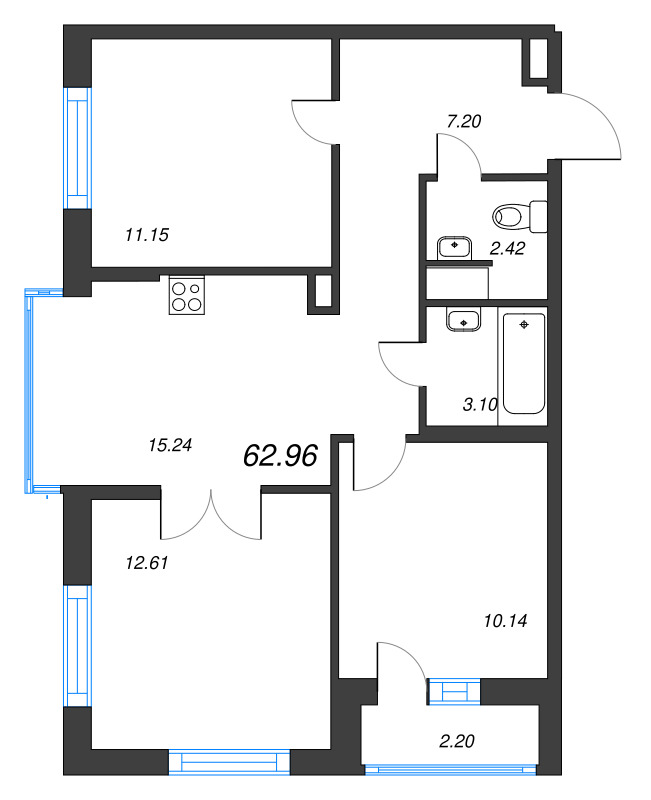 4-комнатная (Евро) квартира, 62.96 м² - планировка, фото №1