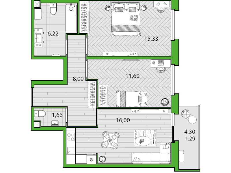 3-комнатная (Евро) квартира, 63.29 м² в ЖК "Friends" - планировка, фото №1