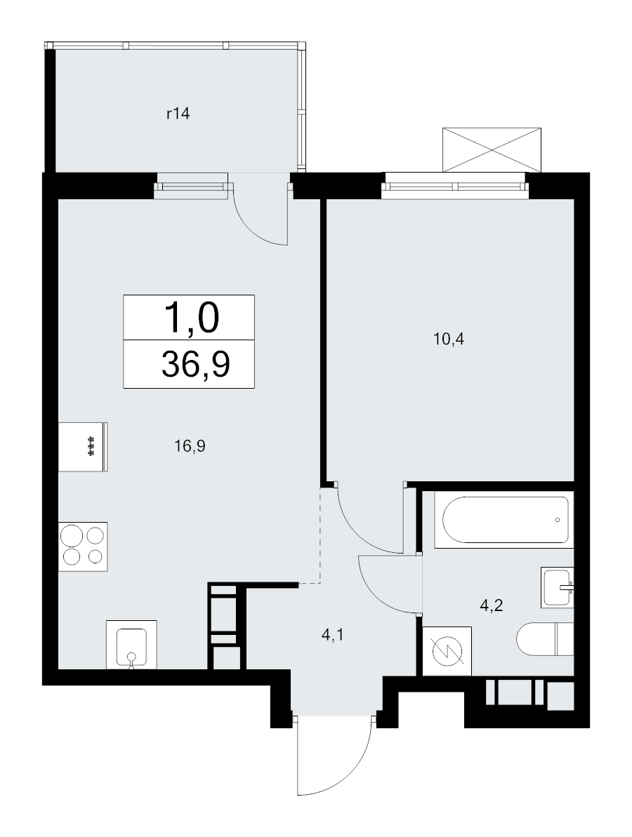 2-комнатная (Евро) квартира, 36.9 м² - планировка, фото №1