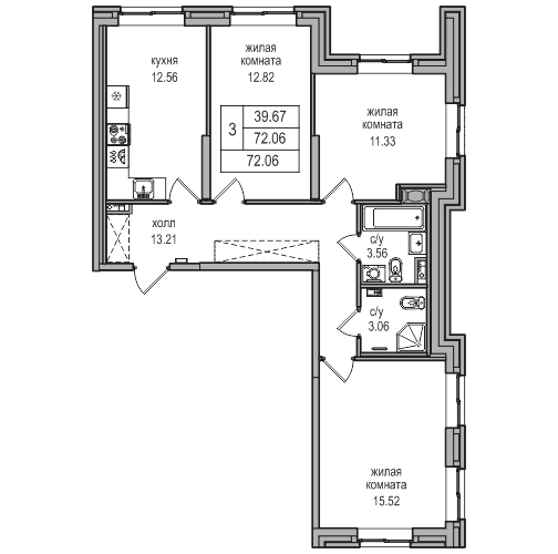 3-комнатная квартира, 72.2 м² в ЖК "Северная Долина" - планировка, фото №1