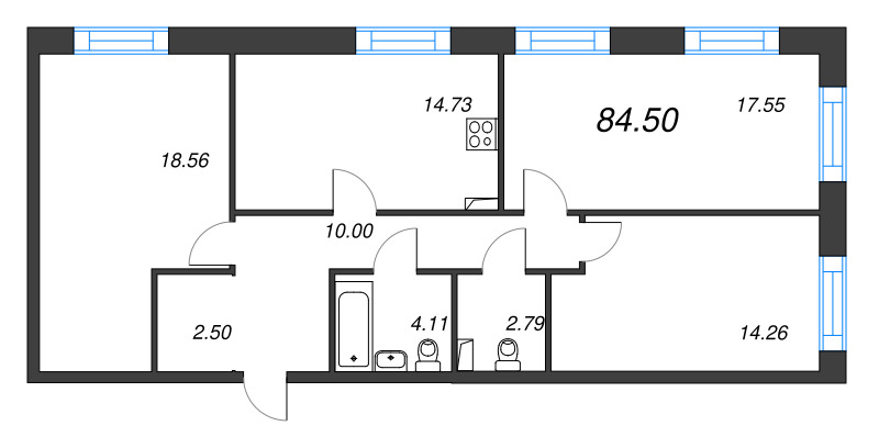 3-комнатная квартира, 84.5 м² в ЖК "Остров Первых" - планировка, фото №1