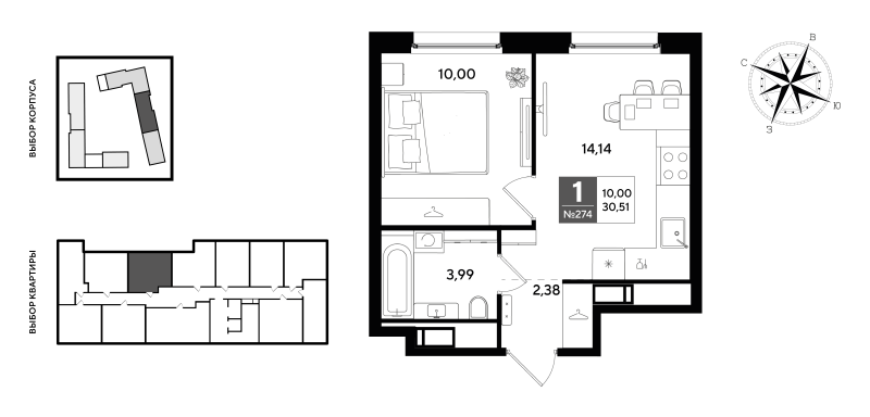 1-комнатная квартира, 30.51 м² в ЖК "Догма Юкки 2" - планировка, фото №1