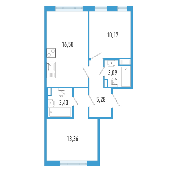 3-комнатная (Евро) квартира, 51.83 м² в ЖК "AEROCITY" - планировка, фото №1