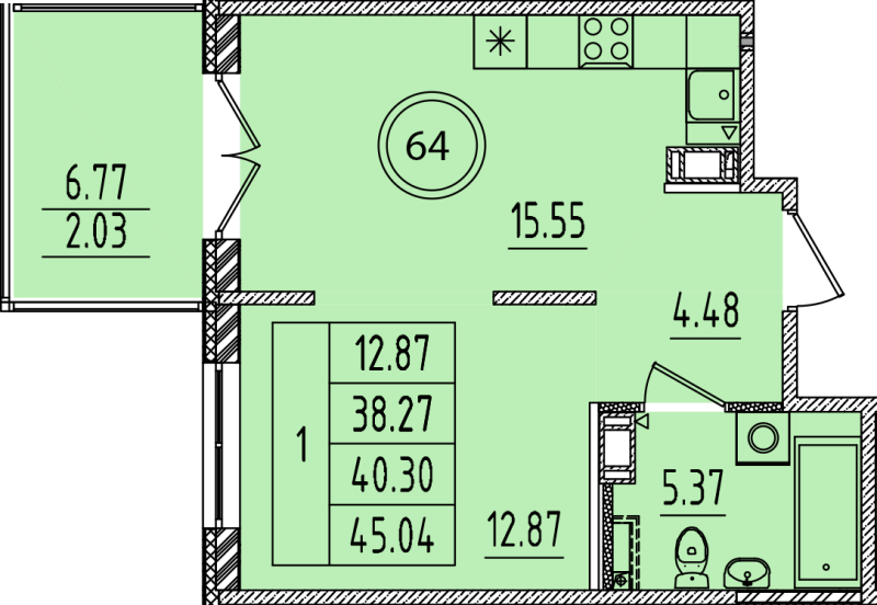 2-комнатная (Евро) квартира, 38.27 м² в ЖК "Образцовый квартал 14" - планировка, фото №1