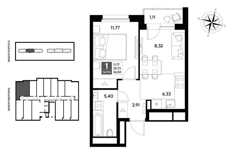 1-комнатная квартира, 36.84 м² в ЖК "Догма Юкки" - планировка, фото №1