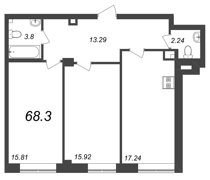 3-комнатная (Евро) квартира, 68.3 м² в ЖК "Neva Residence" - планировка, фото №1