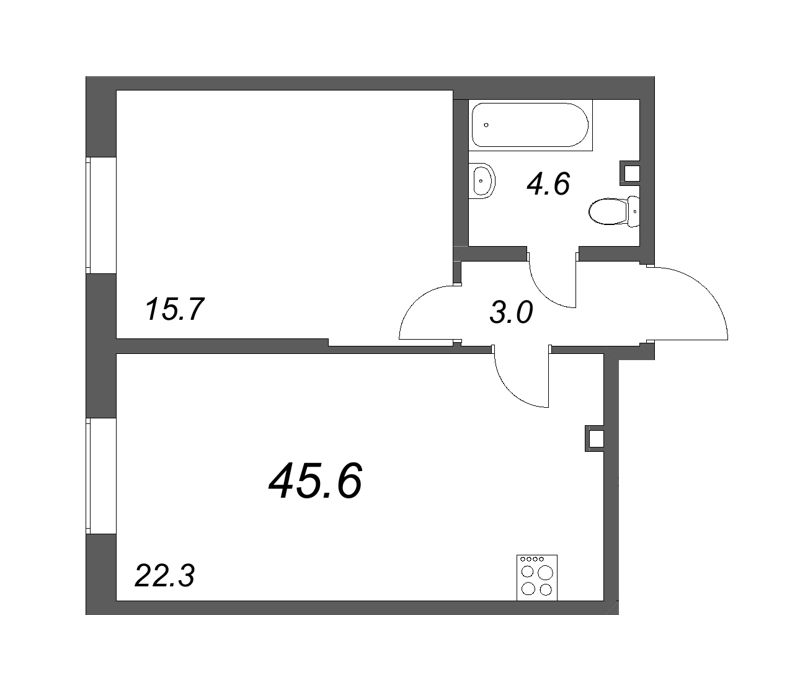 2-комнатная (Евро) квартира, 45.6 м² - планировка, фото №1