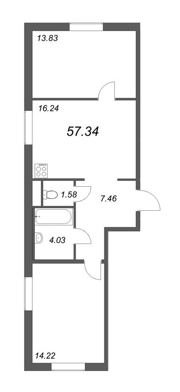 3-комнатная (Евро) квартира, 57.34 м² - планировка, фото №1