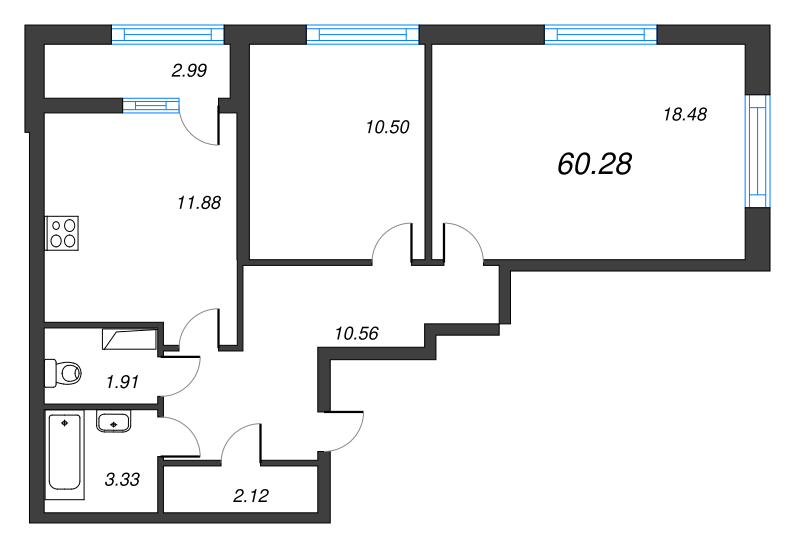 2-комнатная квартира, 60.28 м² - планировка, фото №1