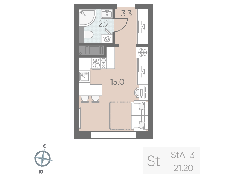 Квартира-студия, 21.2 м² в ЖК "Большая Охта" - планировка, фото №1