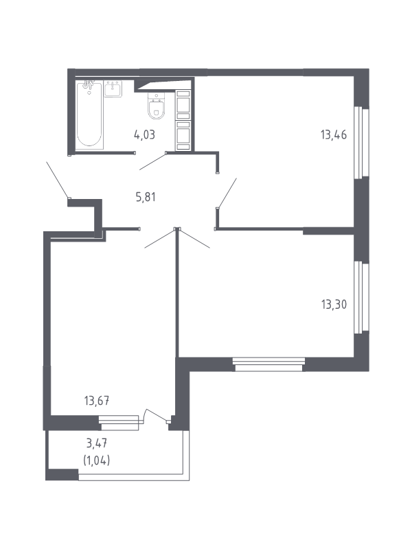 2-комнатная квартира, 51.31 м² - планировка, фото №1