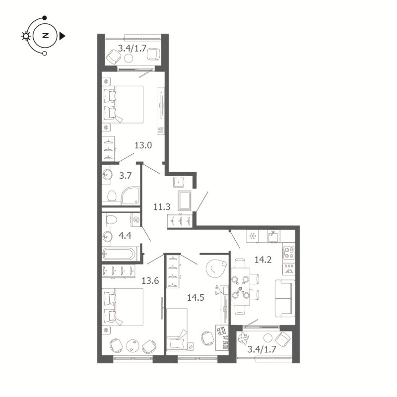 3-комнатная квартира, 78.1 м² в ЖК "Пулковский дом" - планировка, фото №1