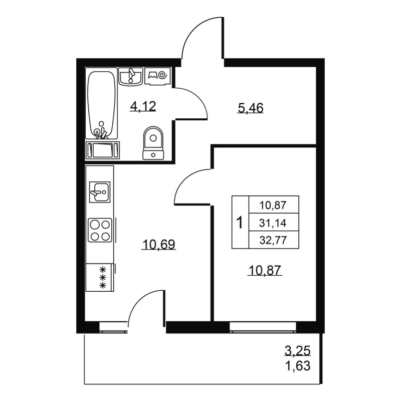 1-комнатная квартира, 32.77 м² - планировка, фото №1