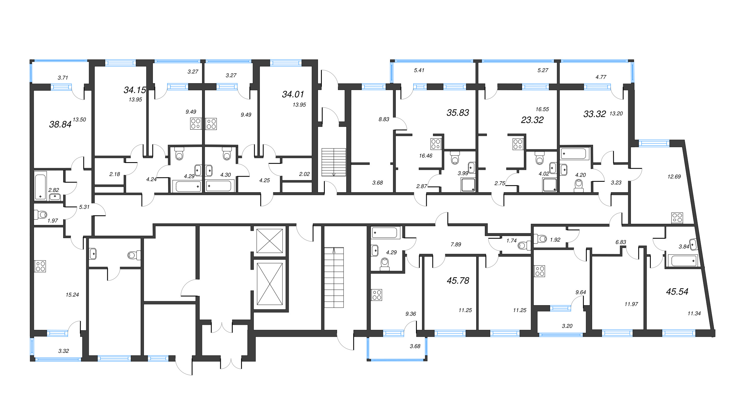 2-комнатная (Евро) квартира, 38.84 м² - планировка этажа