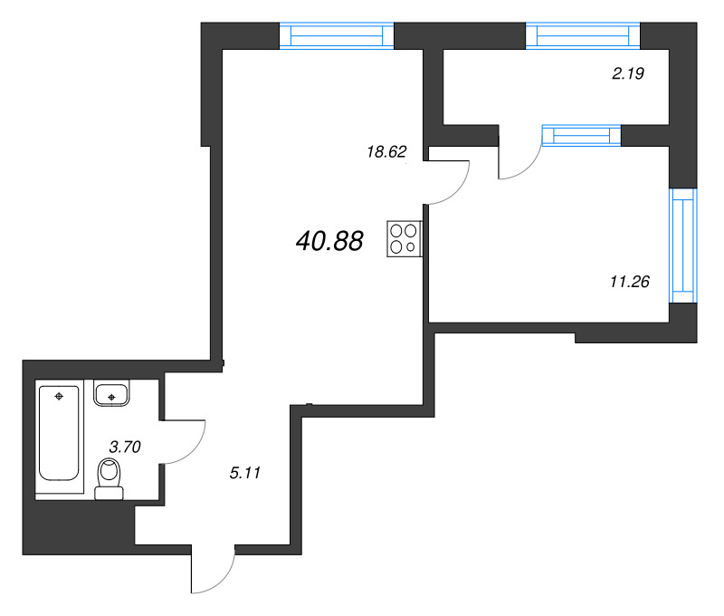 2-комнатная (Евро) квартира, 40.88 м² в ЖК "ОРО от Аквилон" - планировка, фото №1