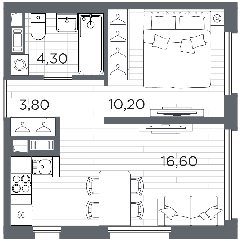 2-комнатная (Евро) квартира, 35.4 м² в ЖК "Плюс Пулковский" - планировка, фото №1