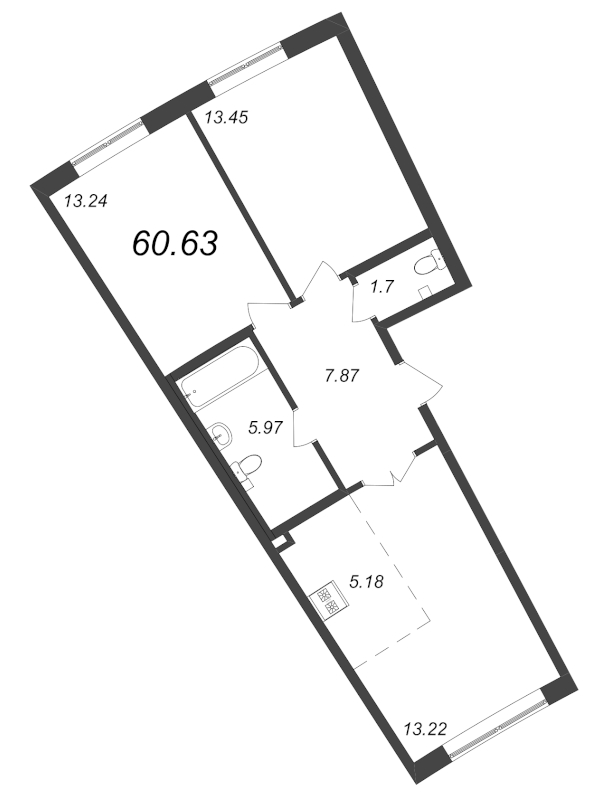 3-комнатная (Евро) квартира, 60.63 м² - планировка, фото №1