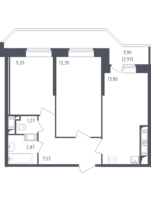 2-комнатная квартира, 50.94 м² в ЖК "Живи! В Рыбацком" - планировка, фото №1