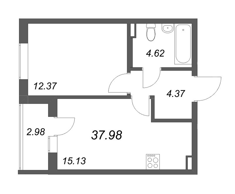 2-комнатная (Евро) квартира, 37.98 м² в ЖК "Новая история" - планировка, фото №1