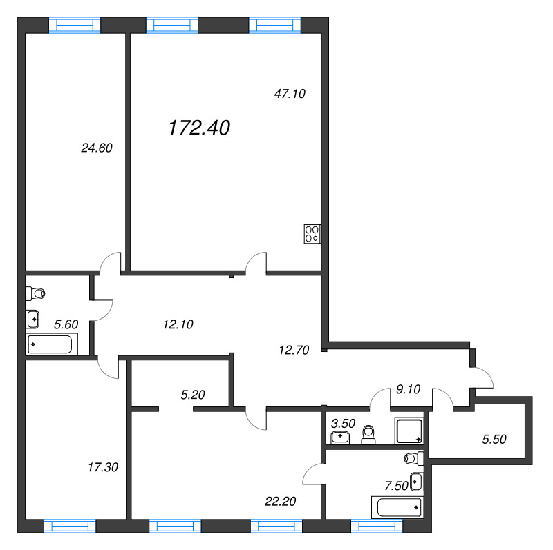 4-комнатная (Евро) квартира, 172.4 м² - планировка, фото №1