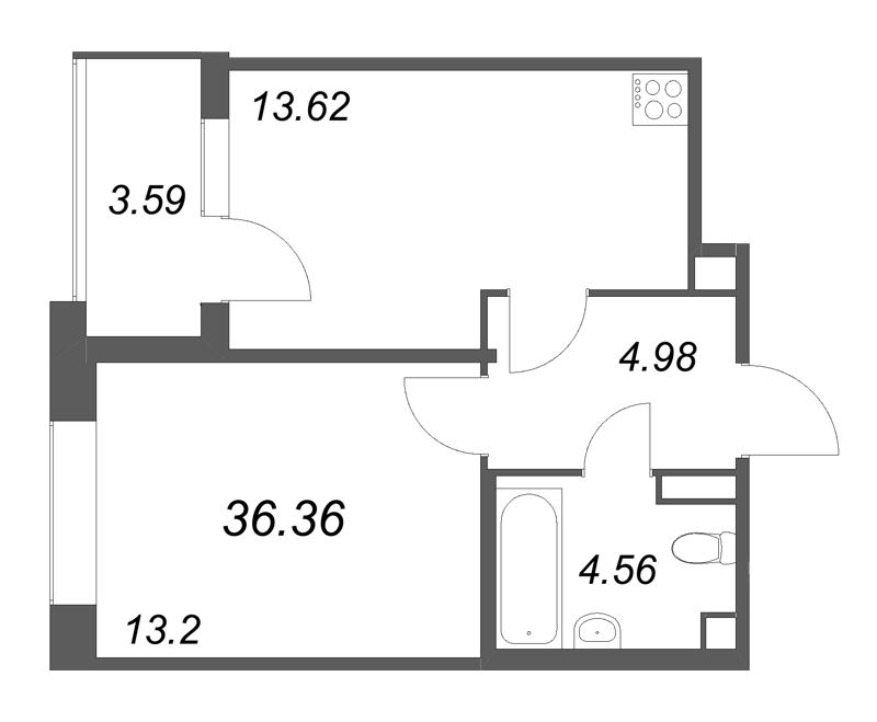 1-комнатная квартира, 36.36 м² в ЖК "Дом на Курской" - планировка, фото №1