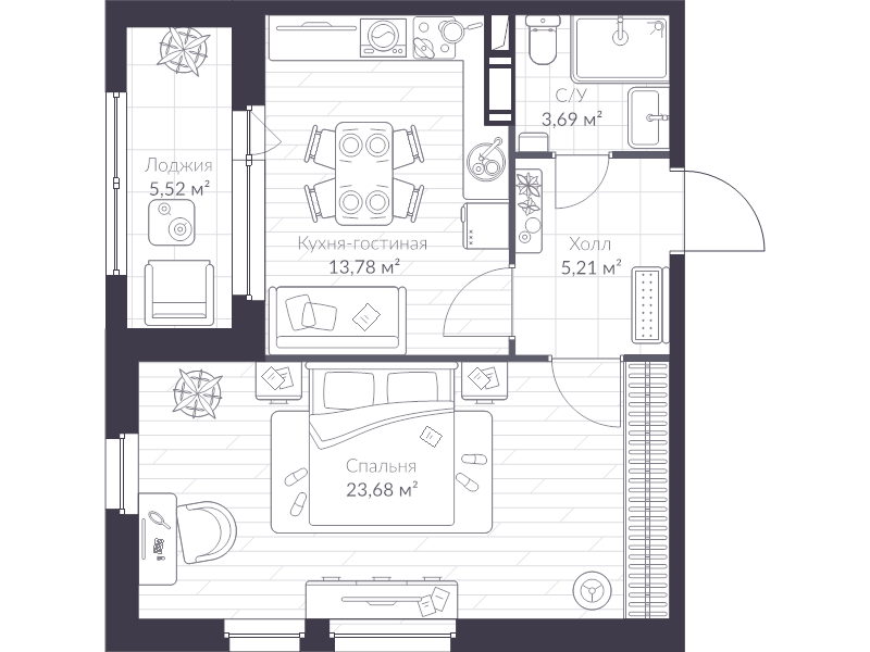 1-комнатная квартира, 49.2 м² - планировка, фото №1