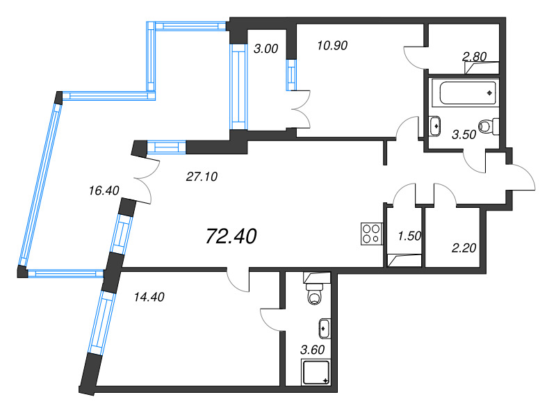 2-комнатная квартира, 72.4 м² - планировка, фото №1