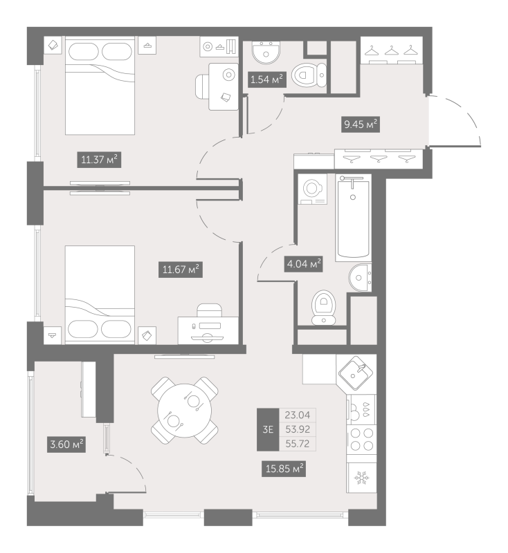 3-комнатная (Евро) квартира, 55.72 м² в ЖК "UP-квартал Новый Московский" - планировка, фото №1