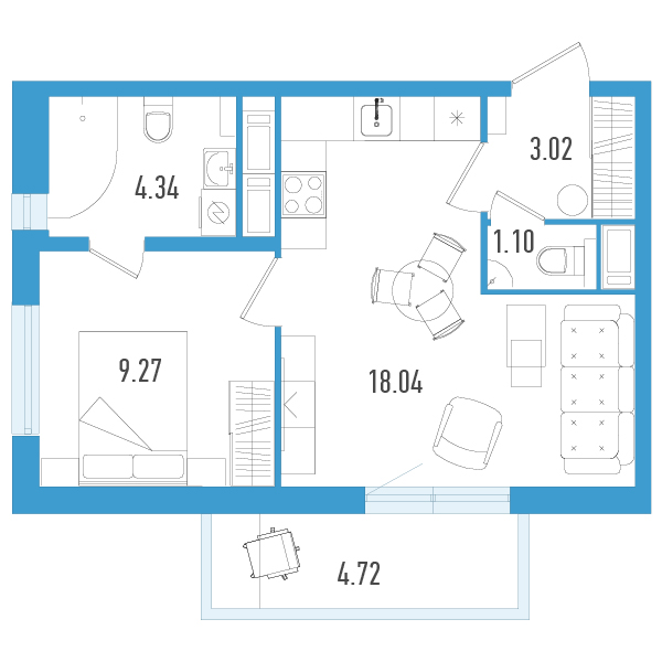2-комнатная (Евро) квартира, 37.18 м² в ЖК "AEROCITY" - планировка, фото №1