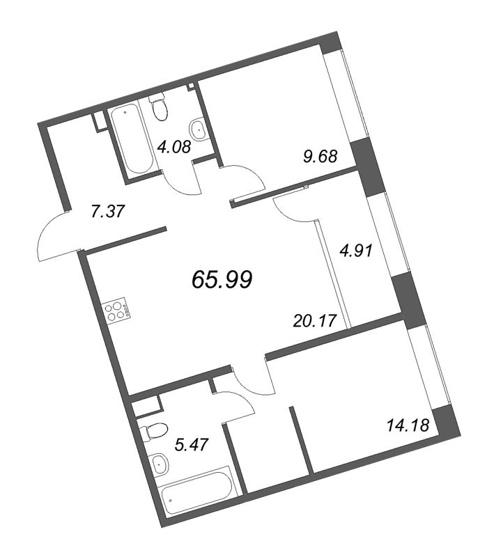 3-комнатная (Евро) квартира, 65.99 м² - планировка, фото №1