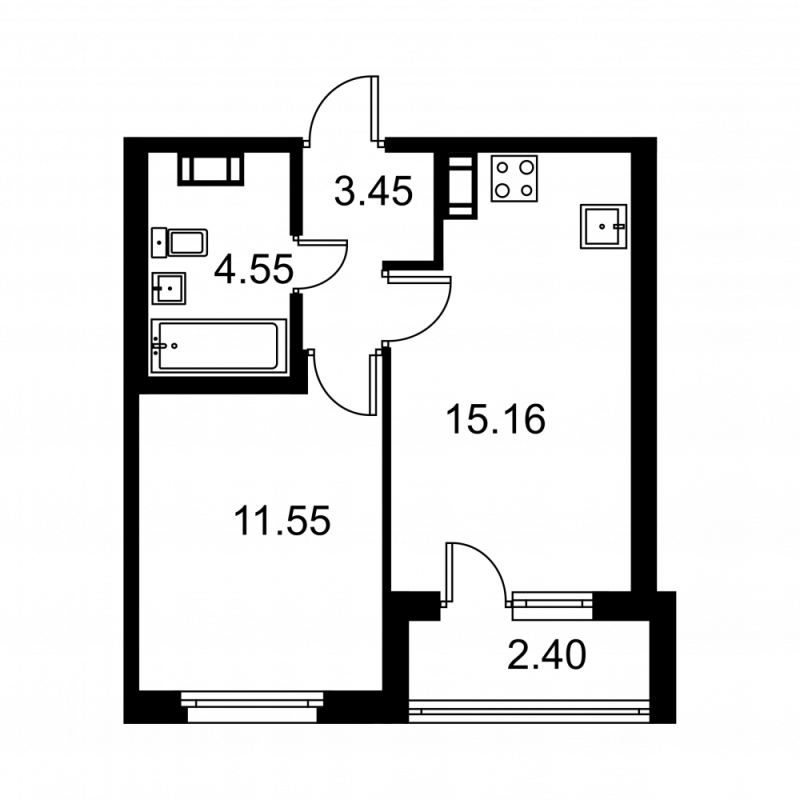 2-комнатная (Евро) квартира, 36.23 м² в ЖК "Квартал Заречье" - планировка, фото №1