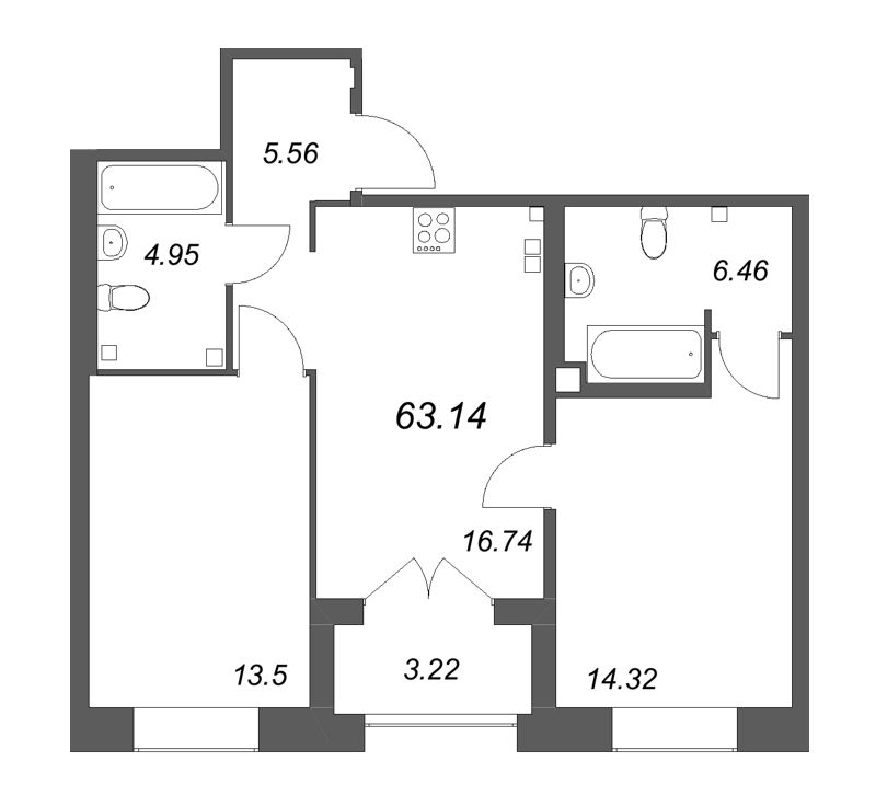 3-комнатная (Евро) квартира, 63.14 м² в ЖК "Ranta Residence" - планировка, фото №1