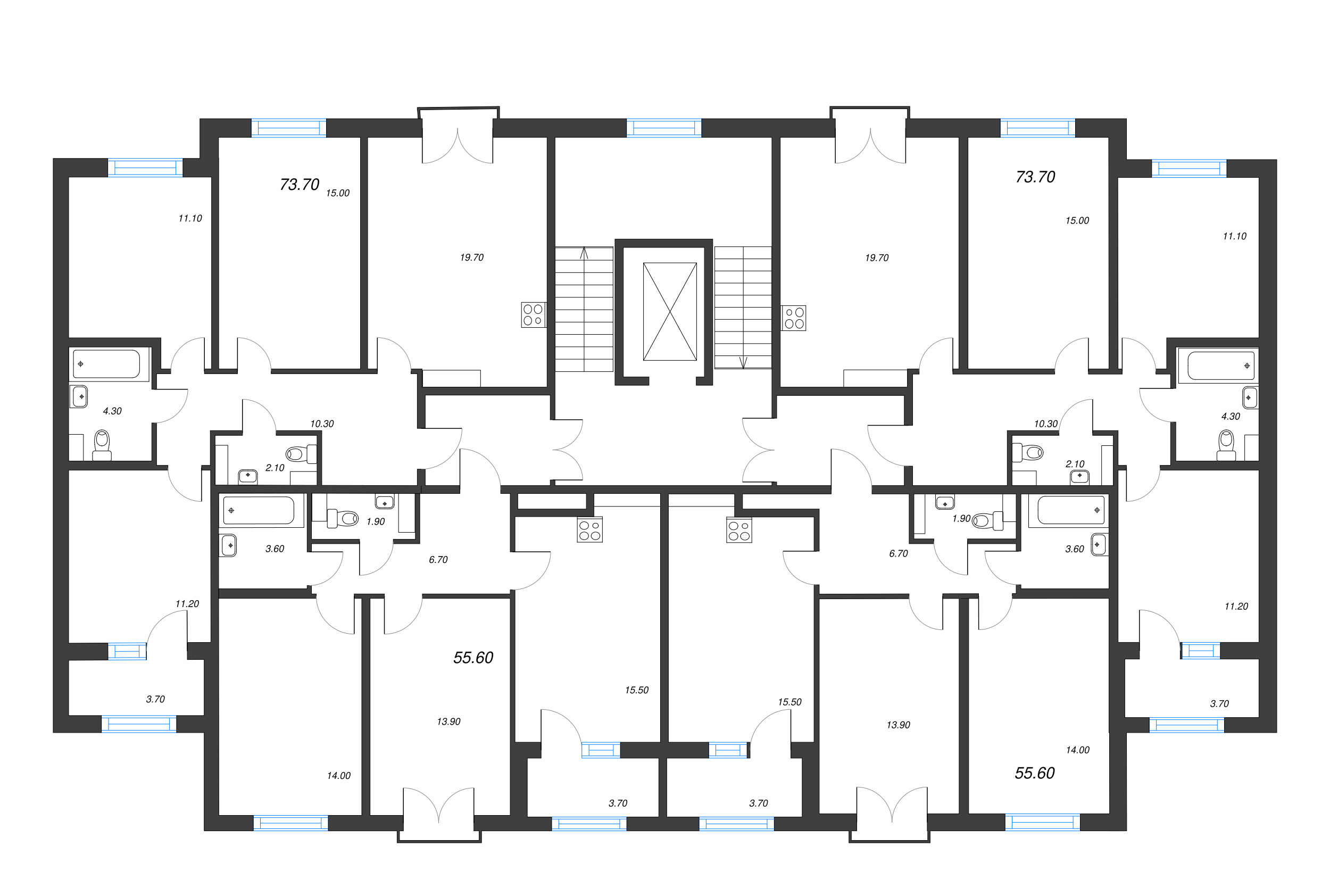 4-комнатная (Евро) квартира, 73.7 м² - планировка этажа