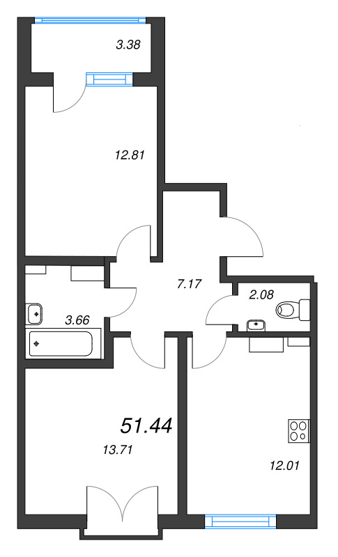 2-комнатная квартира, 51.44 м² - планировка, фото №1