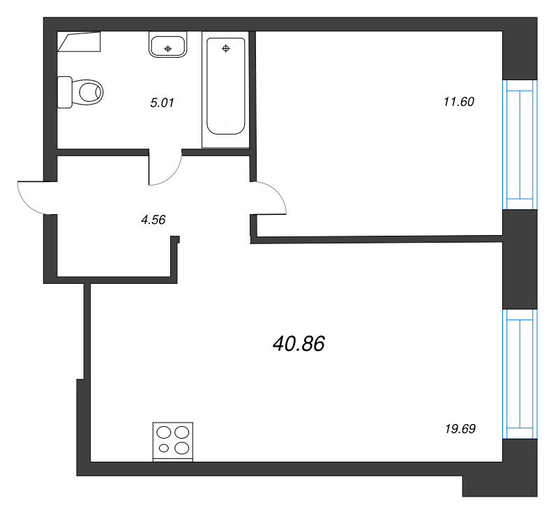 2-комнатная (Евро) квартира, 40.86 м² в ЖК "Остров Первых" - планировка, фото №1