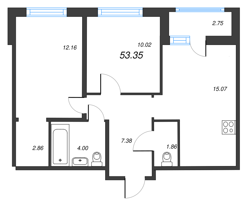 3-комнатная (Евро) квартира, 53.35 м² - планировка, фото №1