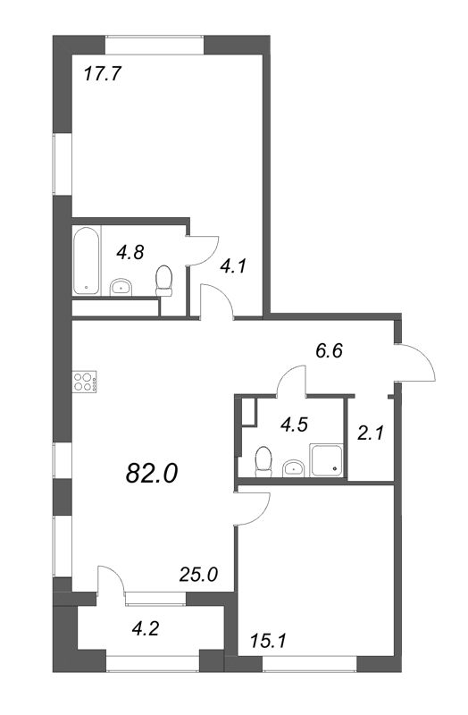 3-комнатная (Евро) квартира, 82 м² - планировка, фото №1