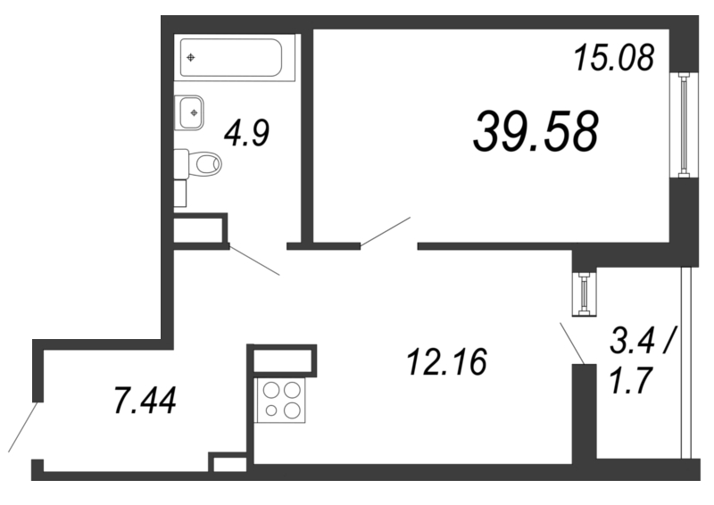1-комнатная квартира, 42.99 м² - планировка, фото №1