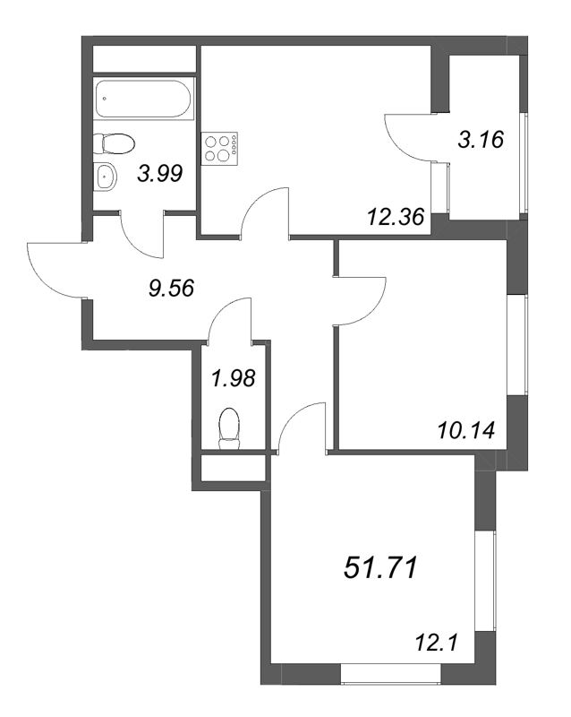 2-комнатная квартира, 51.71 м² в ЖК "Гранат" - планировка, фото №1
